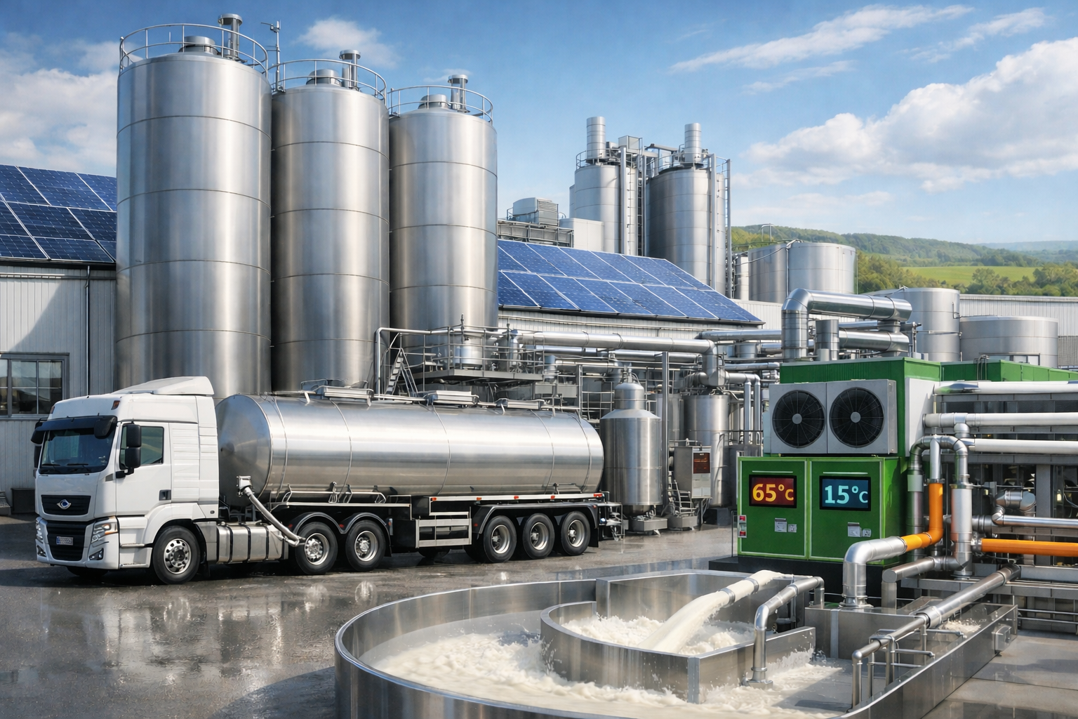 Industrial dairy processing facility with stainless tanks and milk tanker