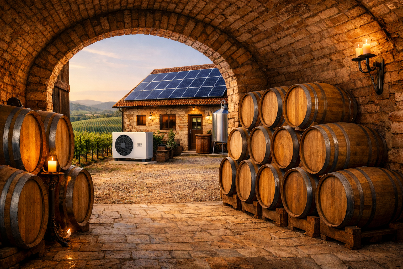 Winery production facility with barrels or fermentation tanks